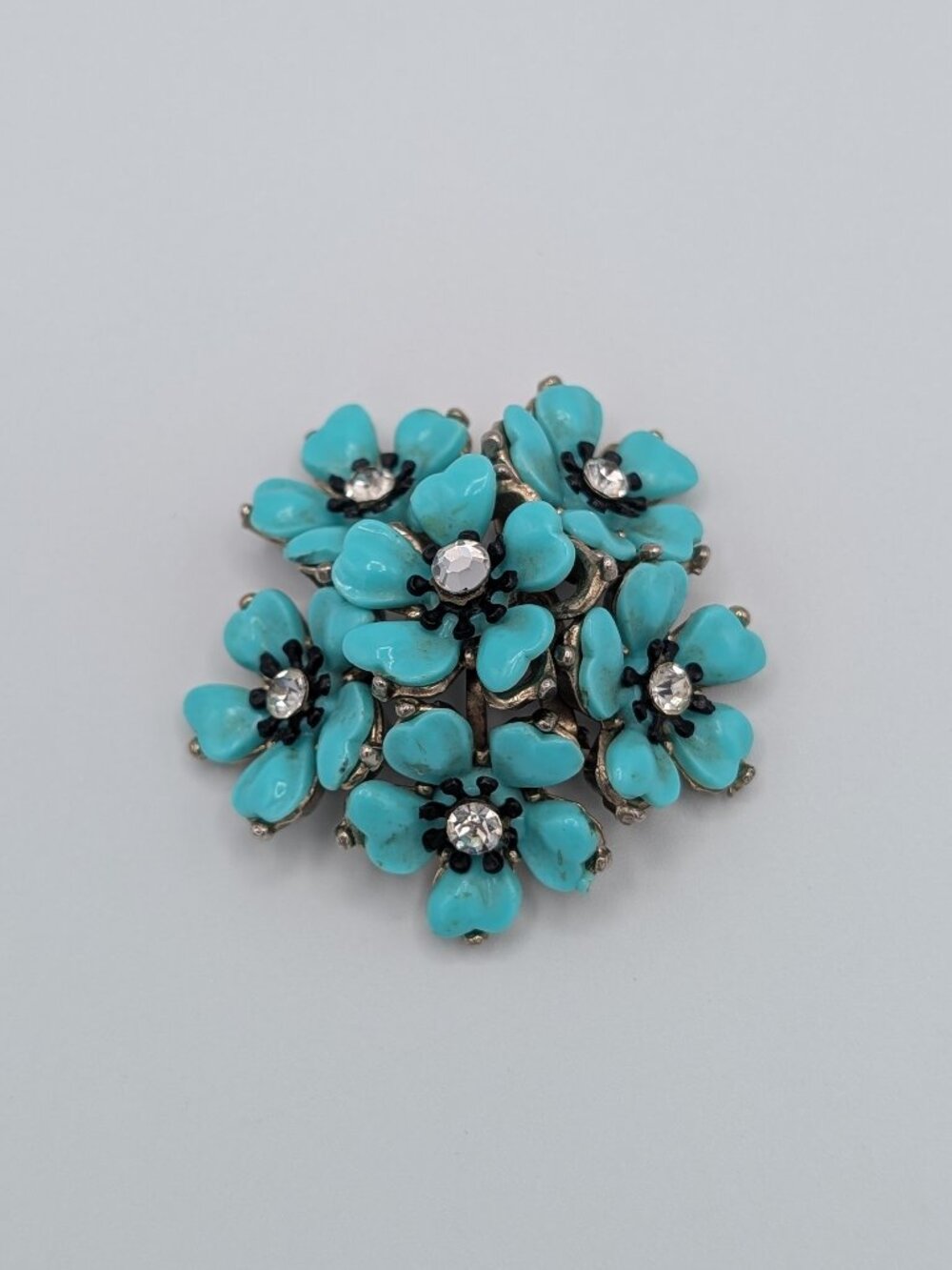 Vintage 1950s Spinning Kinetic Turquoise Flower Pinwheel Statement Brooch MCM